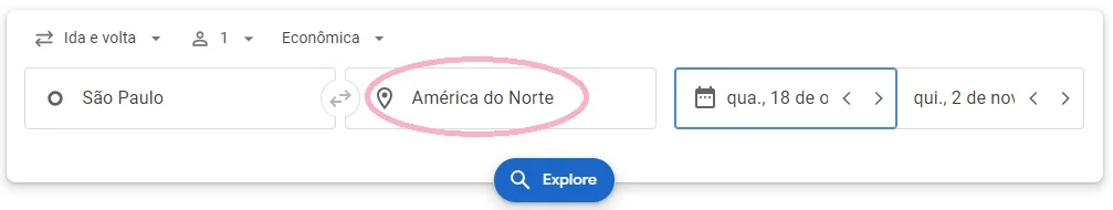 Destino Continente ou Região do Google Flights