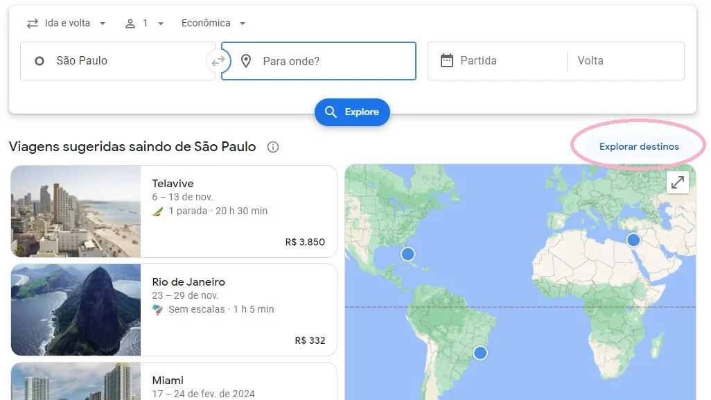 Ferramenta "Explorar Destinos" do Google Flights