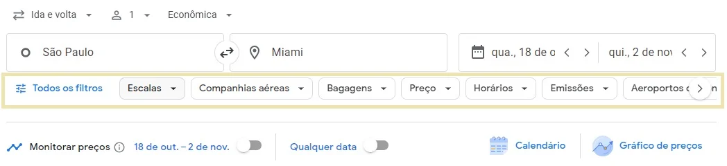 Barra de Filtros do Google Flights