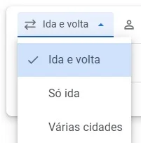 Tipos de viagens disponíveis para seleção no Google Flights: ida, ida e volta e várias cidades